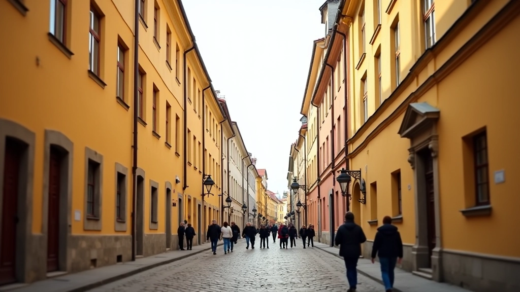 Pilies gatvė Vilniaus senamiestije, geltoni senų namų pastatai, žmonės vaikščioja, gražus šviesos kampas