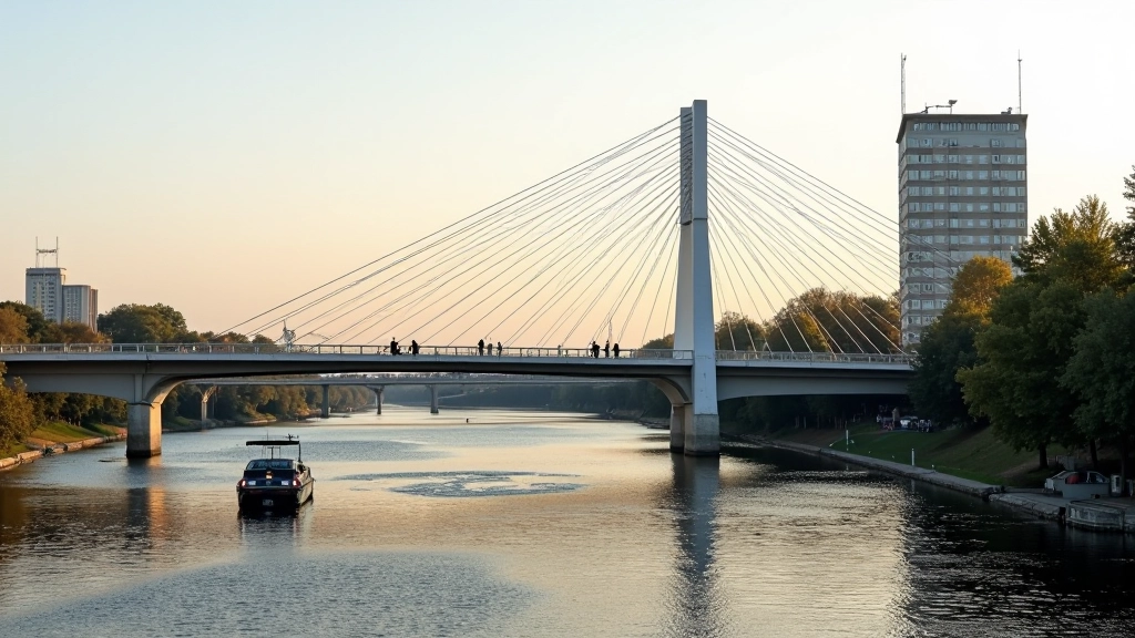 Mindaugo tiltas, modernios architektūros, upė žemiau, žmonės stovi ant tilto