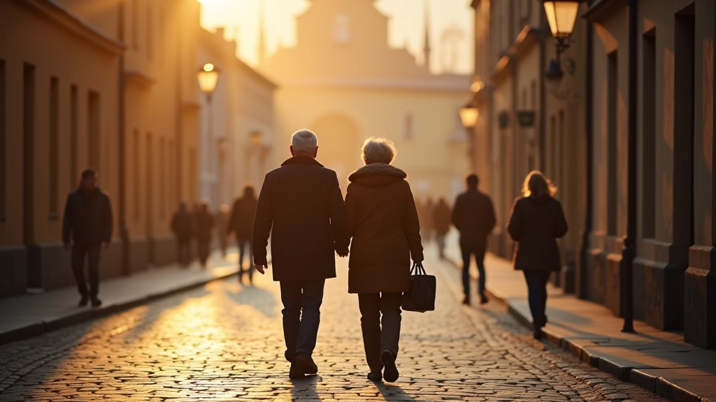 Senjorų poroje einančios per seną Vilnią, nuostabus kraštovaizdis, saulesėlės šviesa