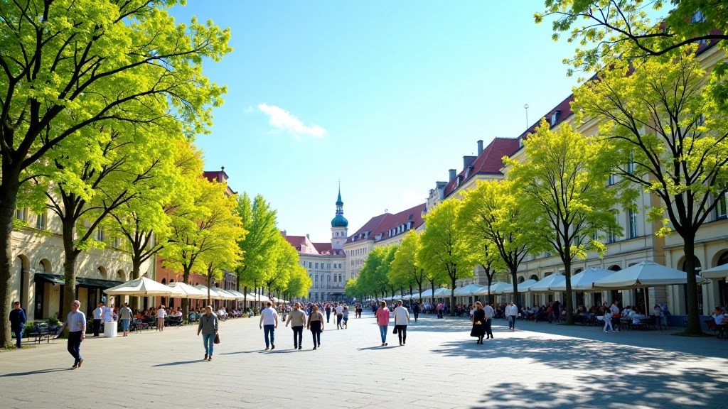 Vilniaus senasis miestas su žaliaisiais medžiais pavasarį, šviesūs pastatai, giedras dangus