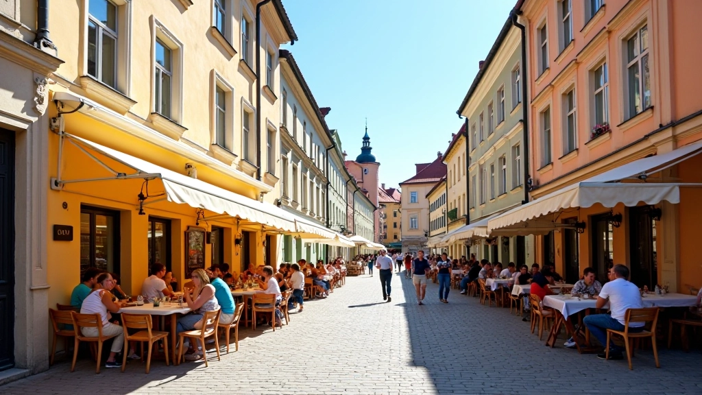 Vilniaus senamiestis vasarą — jaunatviški žmonės sėdi kavinėje, saulėta diena, spalvingos žibalinės žibintai